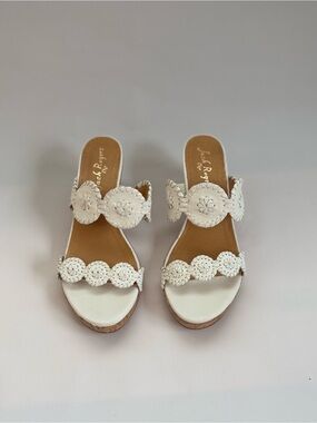 Jack Rogers White Leather Scalloped Slide Wedge Sandals